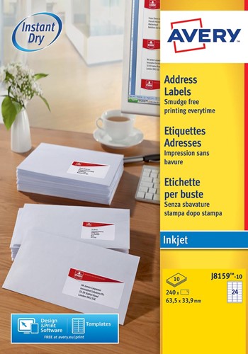 Avery J8159-10 étiquettes adresse ft 63,5 x 33,9 mm, 240 étiquettes, blanc 10 Vel