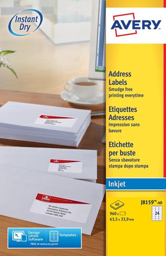 Avery Etiquettes blanches jet d'encre QuickDry boîte de 40 feuilles ft 63,5 x 33,9 mm (l x h), 960 pièces 40 Vel