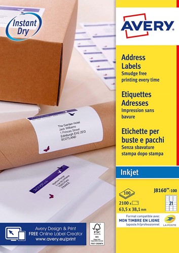 Avery J8160-100 étiquettes adresse 63,5 x 38,1 mm (b x h), 2.100 étiquettes, blanc 100 Vel