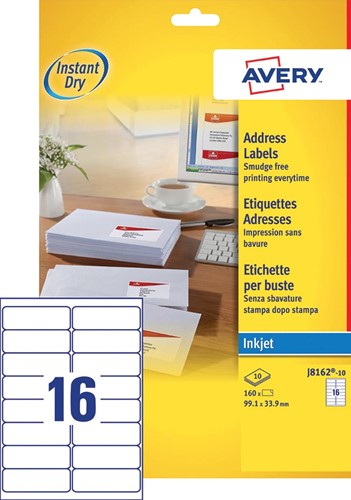 Avery J8162-10 adresetiketten ft 99,1 x 33,9 mm (b x h), 160 etiketten, wit 10 Vel