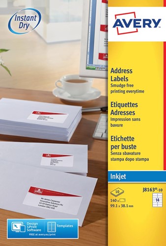 Avery J8163-10 étiquettes adresse ft 99,1 x 38,1 mm, 140 étiquettes blanc 10 Vel