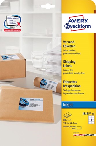 Avery Witte etiketten QuickDry doos van 10 blad, ft 99,1 x 67,7 mm (b x h), 80 stuks, 8 per blad  Met ... 10 Vel