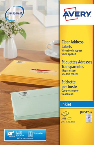 Avery J8551-25 étiquettes mini ft 38,1 x 21,2 mm (b x h), 1.625 étiquettes, transparent 25 Vel