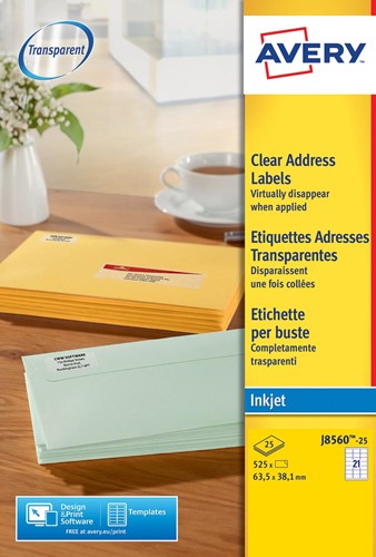 Avery J8560-25 étiquettes adresse ft 63,5 x 38,1 mm (b x h), 525 étiquettes, transparent 25 Vel
