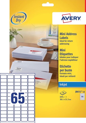 Avery J8651-10 étiquettes mini ft 38,1 x 21,2 mm (b x h), 650 étiquettes, blanc 10 Vel
