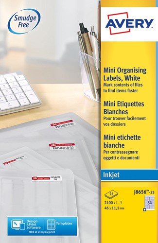 Avery J8656-25 mini etiketten ft 46 x 11,1 mm (b x h), 2100 etiketten, wit 25 Vel