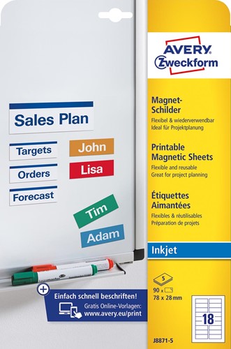 Avery Zweckform étiquettes magnétiques, ft 78 x 28 mm, sans coating, 90 étiquettes, blanc
