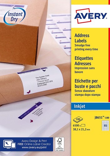 Avery étiquettes blanches QuickDry ft 38,1 x 21,2 mm (l x h), 6.500 pièces, 65 par feuille 100 Vel