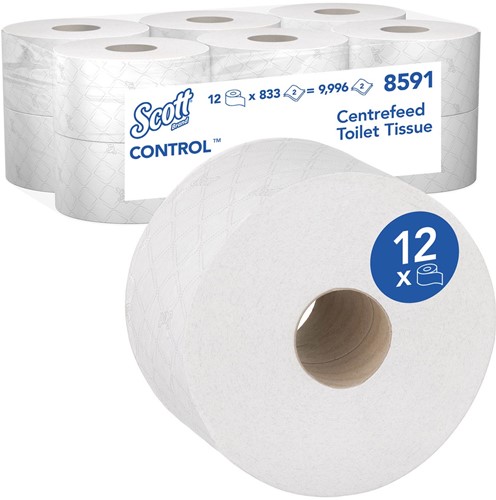 Kimberly Clark papier toilette Scott Control rouleau centrefeed, blanc, 2 plis, paquet de 12 rouleaux