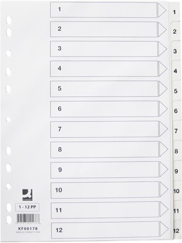 Q-CONNECT intercalaires, A4, PP, 11 trous, avec page de garde, jeu de 1-12, blanc