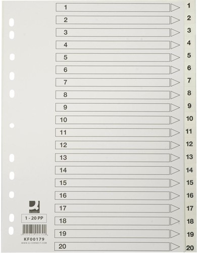 Q-CONNECT intercalaires, A4, PP, 11 trous, avec page de garde, jeu de 1-20, blanc