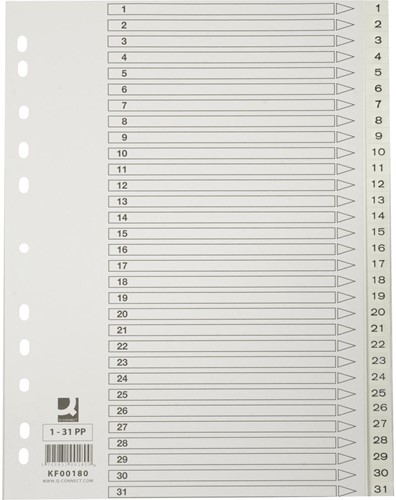 Q-CONNECT intercalaires, A4, PP, 11 trous, avec page de garde, jeu de 1-31, blanc