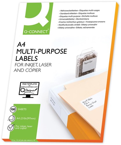 Q-CONNECT étiquettes, blanc, coins arrondis, 63,5 x 38,1 mm, 100 feuilles, 21 étiquettes par feuille