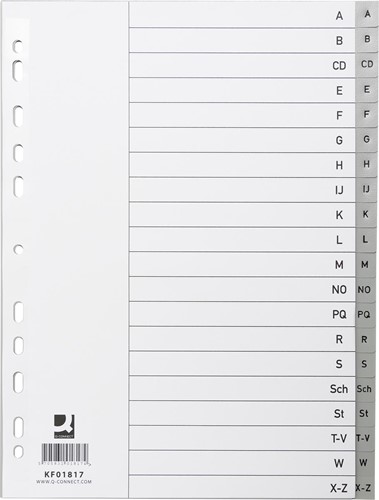Q-CONNECT tabbladen, A4, PP, 4-gaatsperforatie, met indexblad, set van A-Z, 20 tabs, grijs