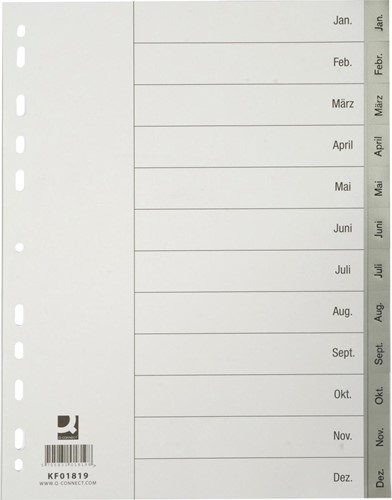 Q-CONNECT tabbladen, A4, PP, 4-gaatsperforatie, met indexblad, set van Jan-Dec, grijs