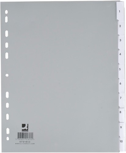 Q-CONNECT intercalaires, A4, PP, 4 trous, 10 onglets, gris