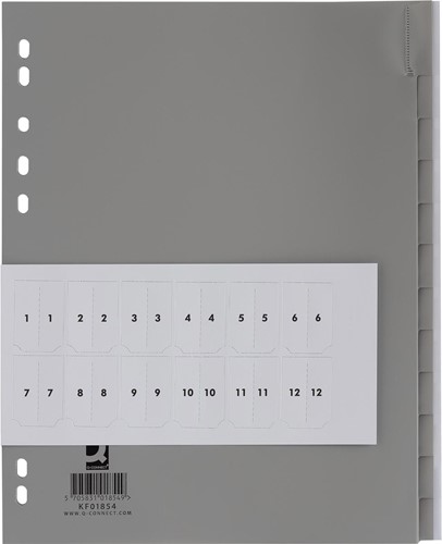 Q-CONNECT tabbladen, A4, PP, 4-gaatsperforatie, 12 tabs, grijs
