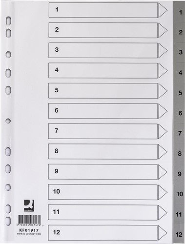 Q-CONNECT intercalaires, A4, PP, 11 trous, avec page de garde, jeu de 1-12, gris