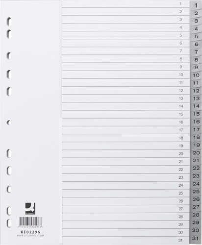 Q-CONNECT intercalaires, A4, PP, 11-gaatspeforatie, avec page de garde, jeu de 1-31, 31 onglets, gris