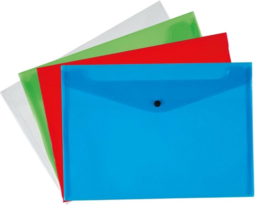 Q-CONNECT pochette documents, A4, PP transparent, bouton-pression, couleurs assorties, paquet 12 pièces