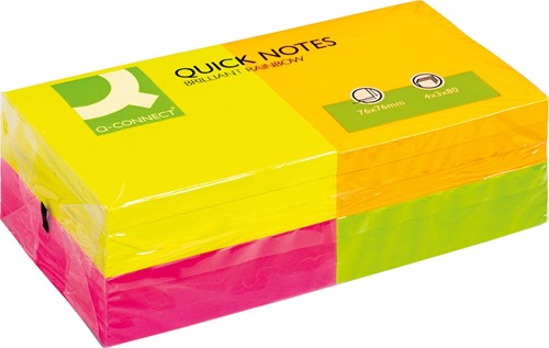 Q-CONNECT Quick Notes, ft 76 x 76 mm, 80 feuilles, paquet de 12 blocs en 4 couleurs néon