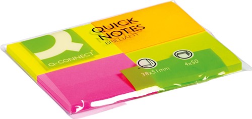 Q-CONNECT Quick Notes, ft 38 x 51 mm, 50 feuilles, paquet de 4 blocs en couleurs néon