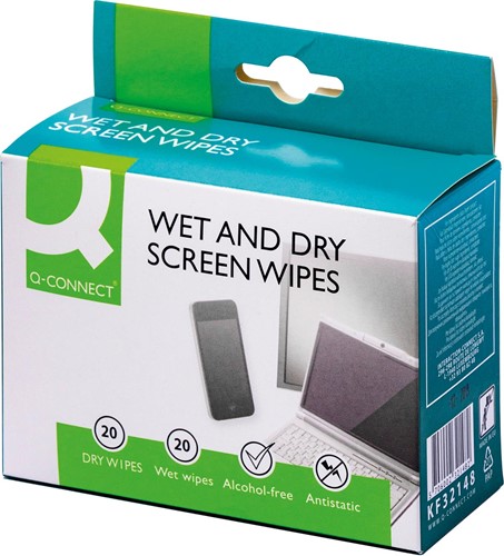 Q-CONNECT lingettes nettoyantes "Wet & Dry" pour écrans, boîte de 20 pars (1 humide et 1 sèche)