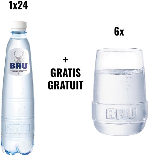 ACTIE BRU: 1 x lichtsprankelend water, 50 cl, pak van 24 stuks (ref. 05180) + 1 x GRATIS glas, set van 6