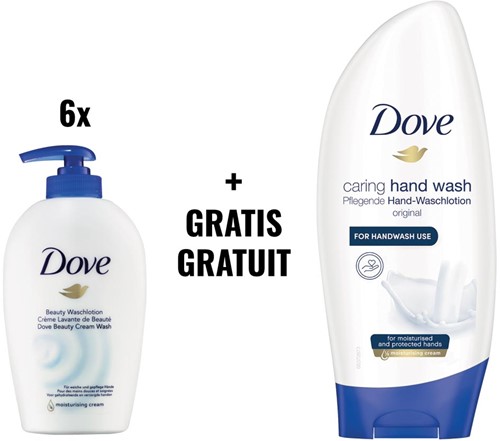 ACTIE DOVE: 6 x handzeep, flacon van 250 ml (ref. 1739560) + GRATIS 1 x  handzeep, dop, flacon van 250 ml