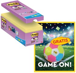 Actie Post-It: 1 x Super Sticky notes, 90 vel, 76x76, geel, pak van 14 (+2 gratis) + 1 x GRATIS voetbal