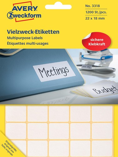 Avery Zweckform 3318 étiquettes mini, ft 22 x 18 mm, 1.200 étiquettes, blanc 1 PAK