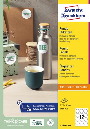Avery Zweckform étiquettes rondes, 60 mm, boîte de 1.200 pièces, blanc 100 Vel