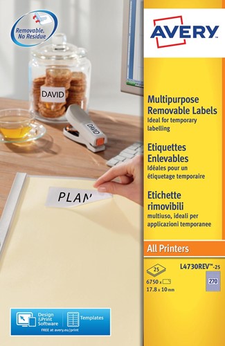 Avery L4730REV-25 étiquettes enlevables ft 17,8 x 10 mm (b x h), 6.750 étiquettes, blanc 25 Vel