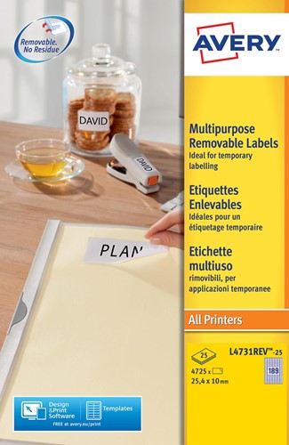 Avery L4731REV-25 étiquettes enlevables ft 25,4 x 10 mm (b x h), 4.725 étiquettes, blanc 25 Vel