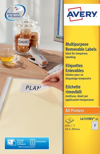 Avery L4737REV-25 étiquettes enlevables ft 63,5 x 29,6 mm (b x h), 675 étiquettes, blanc 25 Vel