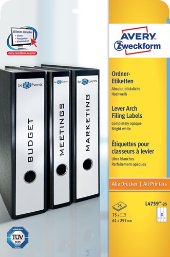 Avery Zweckform L4759-25 étiquettes pour classeurs à levier ft 29,7 x 6,1 cm (b x h), 75 étiquettes, blan 25 Vel