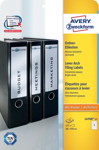 Avery Zweckform L4760-25 étiquettes pour classeurs à levier ft 19,2 x 3,8 cm (b x h), 175 étiquettes, bla 25 Vel