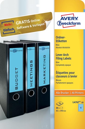 Avery Zweckform L4767-20 ordnerrugetiketten ft 19,2 x 6,1 cm (b x h), 80 etiketten, blauw 20 Vel