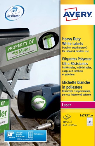 Avery Etiquettes blanches ultra-résistantes ft 63,5 x 33,9 mm (l x h), 480 pièces, 24 par feuille 20 Vel
