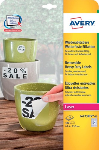 Avery étiquettes enlevables résistantes à l'humidité Ft 63,5 x 33,9 mm (l x h), blanc boîte de 480 pièces 20 Vel