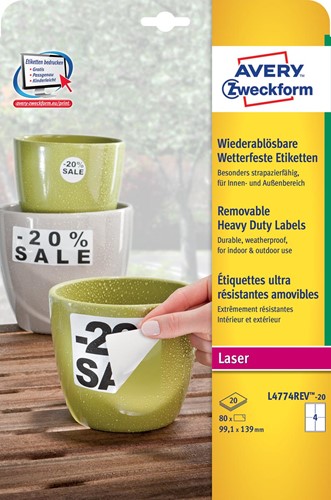 Avery étiquettes enlevables résistantes à l'humidité Ft 99,1 x139 mm (l x h), blanc boîte de 80 pièces