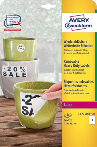 Avery étiquettes enlevables résistantes à l'humidité Ft 210 x 297 mm (l x h), blanc boîte de 20 pièces 20 Vel
