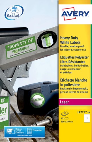 Avery L4775-20 étiquettes ultra résistantes ft 210 x 297 mm, 20 étiquettes, blanc 20 Vel