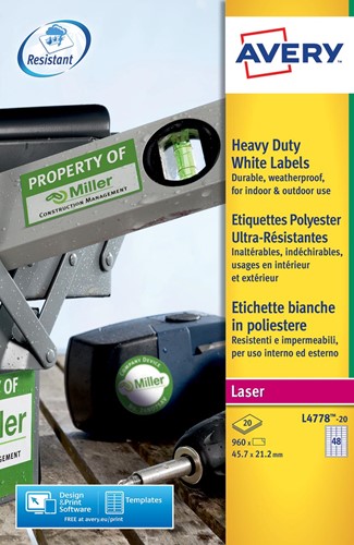 Avery L4778-20 étiquettes ultra résistantes ft 45,7 x 21,2 mm (b x h), 960 étiquettes, blanc 20 Vel