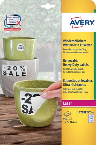 Avery étiquettes enlevables résistantes à l'humidité ft 45,7 x 21,2 mm (l x h), blanc boîte de 960 pièces 20 Vel