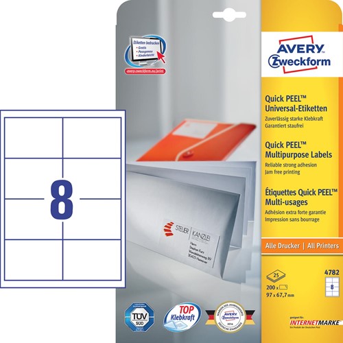 Avery Zweckform 4782, étiquettes universelles, Ultragrip, blanc, 25+5 feuilles, 97 x 67,7 mm 25 Vel