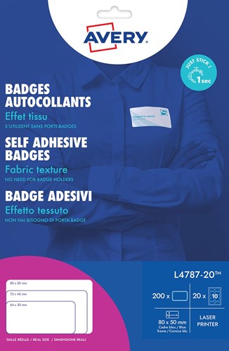 Avery L4787-20 badge adhésif ft 80 x 50 mm, boîte de 200 pièces, blanc/bleu 20 Vel