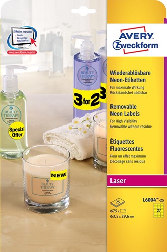 Avery étiquettes néon amovibles ft 63,5 x 29,6 mm (l x h), boîte de 675 pièces (25 feuilles), jaune néon 25 Vel