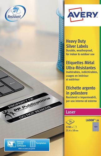 Avery ultra-sterke zilverkleurige etiketten ft 24,5 x 10 mm (b x h), 3.780 stuks, 189 per blad 20 Vel