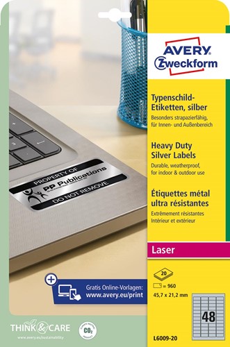 Avery ultra-sterke zilverkleurige etiketten ft 45,7 x 21,2 mm (b x h), 960 stuks, 48 per blad 20 Vel
